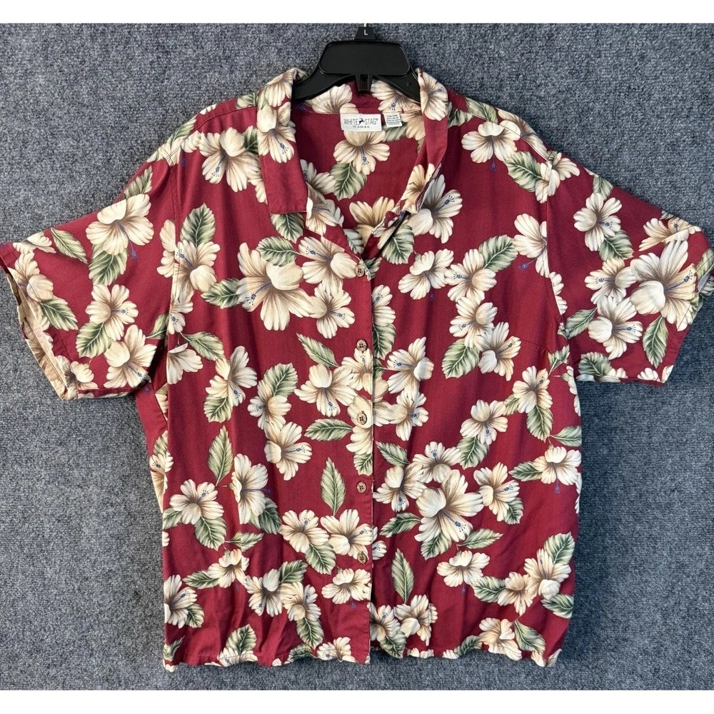 White Stag Floral Hibiscus Blouse Women's Large Burgundy Button Up Short Sleeve